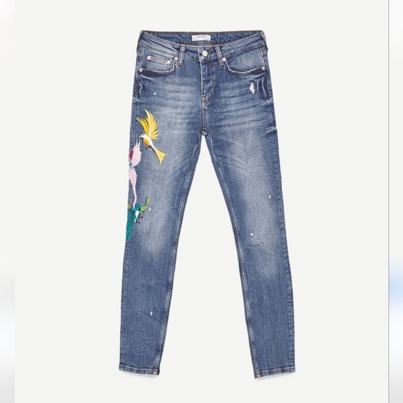 Zara Birds Embroidered Denim Jeans US 6 EU 38 Butterfly 🦋 NWT - Picture 3 of 6